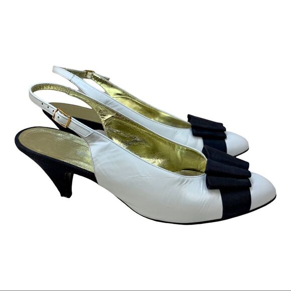 Saks Fifth Avenue Fenton Last Slingback White Leather Black Bow 8 Vintage - Picture 2 of 12